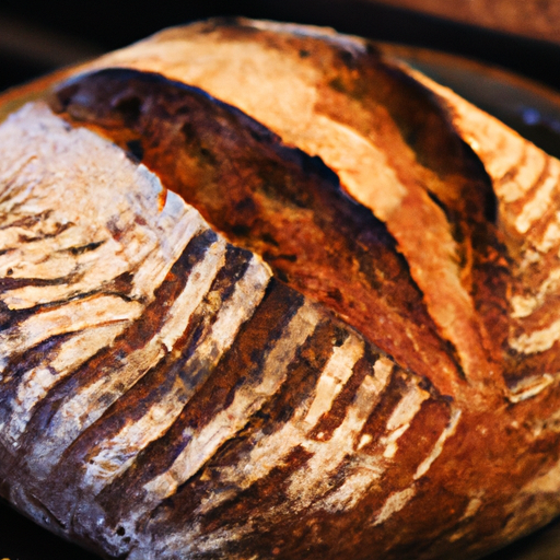 Freshly baked artisanal bread, golden and crusty, straight from the Dutch oven.